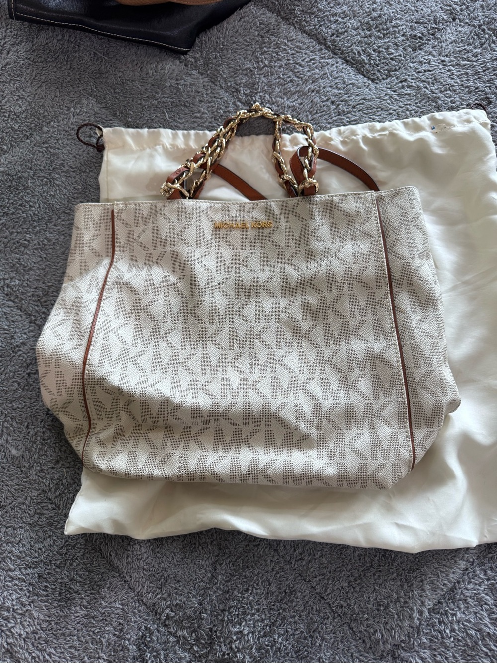 Michael Kors Beige Logo Tote with Brown Trim and Gold Chain Handles
